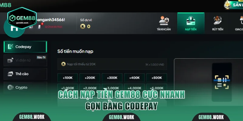 Cách nạp tiền Gem88 cực nhanh gọn bằng Codepay